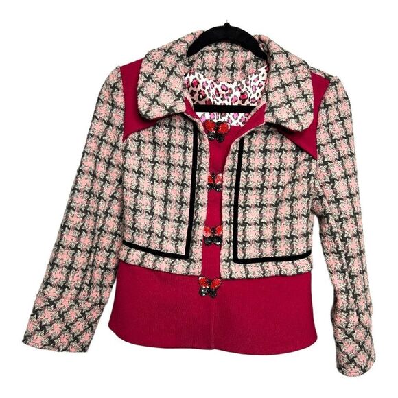 Vintage Wool Blazer Cropped Tweed Coat Pink Cream Black Leopard Women 4 - Picture 1 of 9